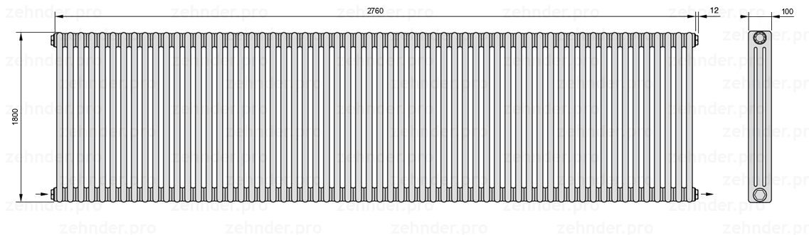 Схема (чертеж) Радиатор Zehnder Charleston 3180/60 №2670 Белый глянцевый RAL 9016